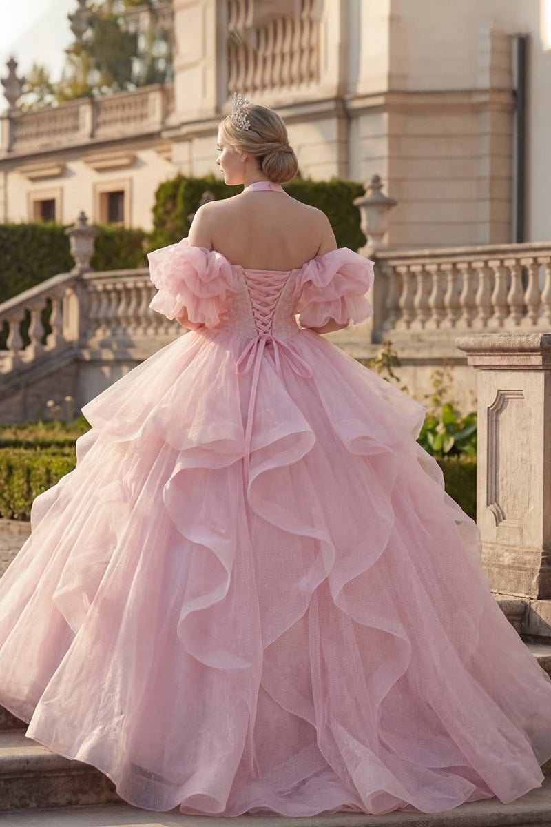 Laden Sie das Bild in den Galerie-Viewer, Prinzessin Glitzer Rouge Lang Halfter Quinceañera Kleid mit Rüschen