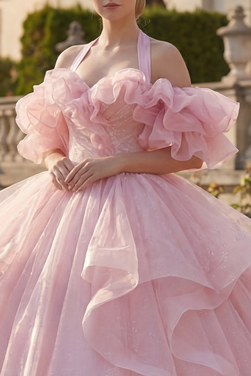 Laden Sie das Bild in den Galerie-Viewer, Prinzessin Glitzer Rouge Lang Halfter Quinceañera Kleid mit Rüschen