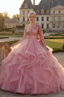 Laden Sie das Bild in den Galerie-Viewer, Prinzessin Paillette Glitzerndes Rosa Lang Quinceañera Kleid mit Rüschen