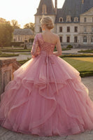 Laden Sie das Bild in den Galerie-Viewer, Prinzessin Paillette Glitzerndes Rosa Lang Quinceañera Kleid mit Rüschen