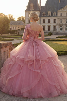 Prinzessin Paillette Glitzerndes Rosa Lang Quinceañera Kleid mit Rüschen