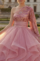 Laden Sie das Bild in den Galerie-Viewer, Prinzessin Paillette Glitzerndes Rosa Lang Quinceañera Kleid mit Rüschen