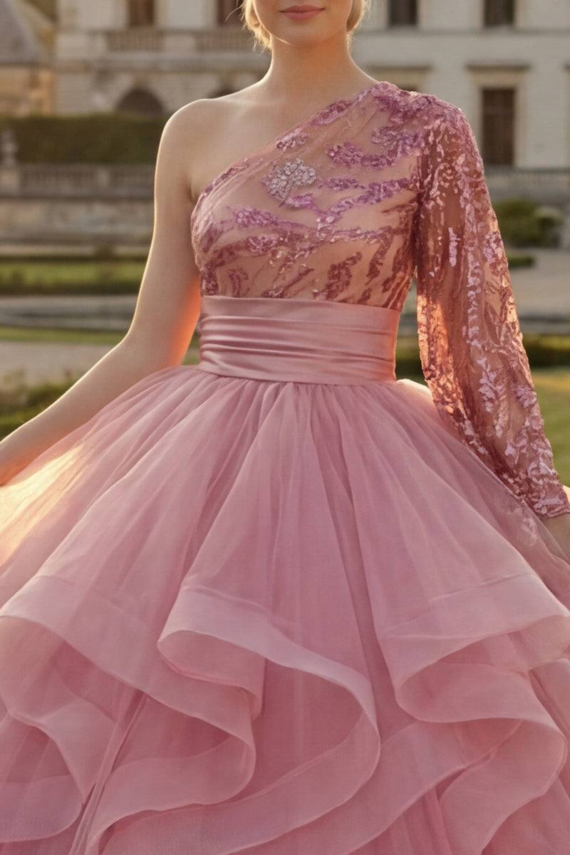 Laden Sie das Bild in den Galerie-Viewer, Prinzessin Paillette Glitzerndes Rosa Lang Quinceañera Kleid mit Rüschen
