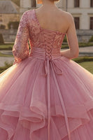 Laden Sie das Bild in den Galerie-Viewer, Prinzessin Paillette Glitzerndes Rosa Lang Quinceañera Kleid mit Rüschen