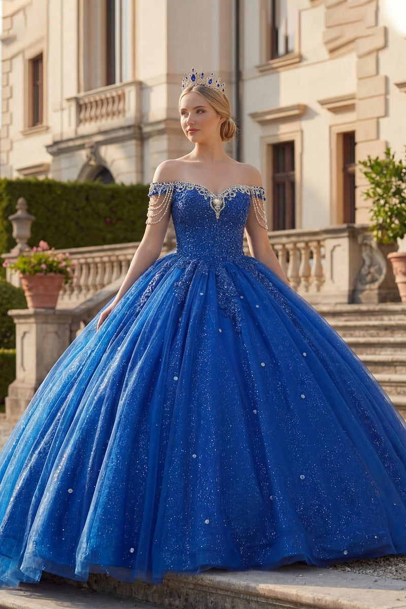 Laden Sie das Bild in den Galerie-Viewer, Glitzerndes Königsblau Perlenverziert Lange Prinzessin Quinceañera Kleid mit Fransen