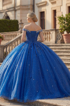 Glitzerndes Königsblau Perlenverziert Lange Prinzessin Quinceañera Kleid mit Fransen