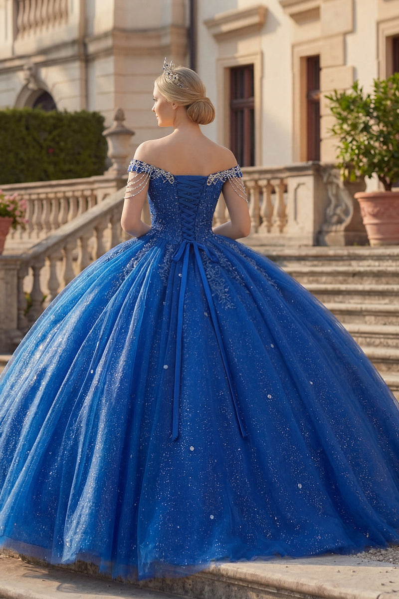 Laden Sie das Bild in den Galerie-Viewer, Glitzerndes Königsblau Perlenverziert Lange Prinzessin Quinceañera Kleid mit Fransen