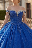 Laden Sie das Bild in den Galerie-Viewer, Glitzerndes Königsblau Perlenverziert Lange Prinzessin Quinceañera Kleid mit Fransen