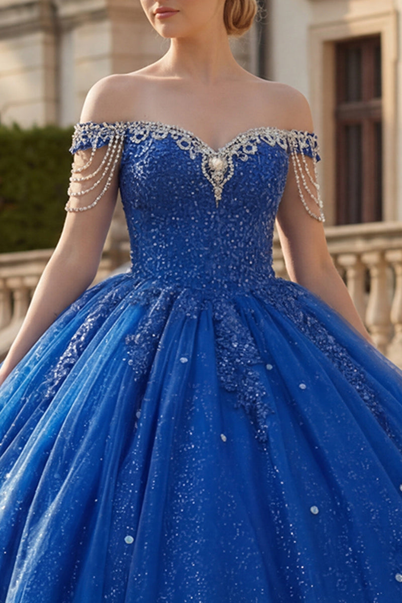 Laden Sie das Bild in den Galerie-Viewer, Glitzerndes Königsblau Perlenverziert Lange Prinzessin Quinceañera Kleid mit Fransen