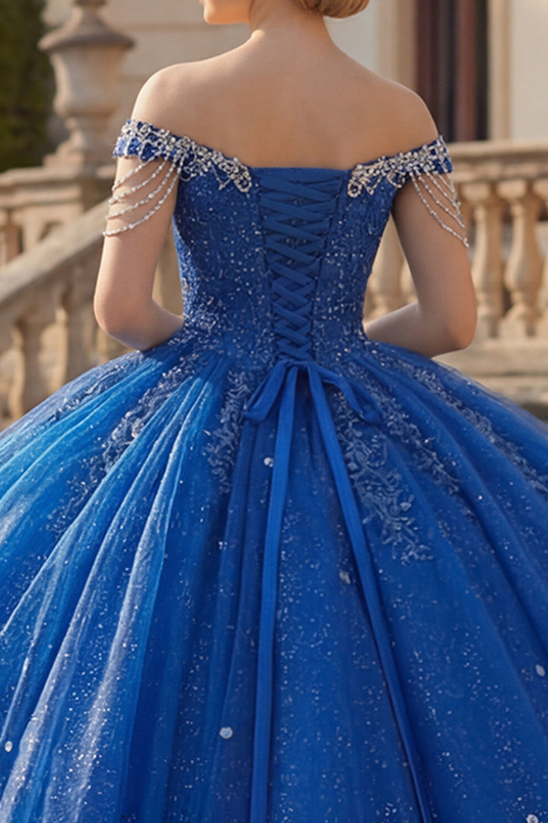 Laden Sie das Bild in den Galerie-Viewer, Glitzerndes Königsblau Perlenverziert Lange Prinzessin Quinceañera Kleid mit Fransen