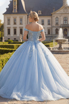 Blumen Lang Korsett Hellblau Prinzessin Quinceañera Kleid mit Perlen