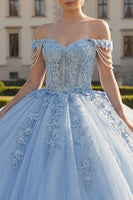 Laden Sie das Bild in den Galerie-Viewer, Blumen Lang Korsett Hellblau Prinzessin Quinceañera Kleid mit Perlen