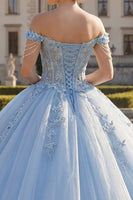 Laden Sie das Bild in den Galerie-Viewer, Blumen Lang Korsett Hellblau Prinzessin Quinceañera Kleid mit Perlen