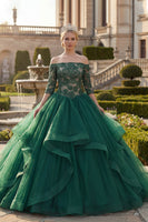 Laden Sie das Bild in den Galerie-Viewer, Dunkelgrün Prinzessin Schulterfrei Blumen Lang Quinceañera Kleid mit Rüschen