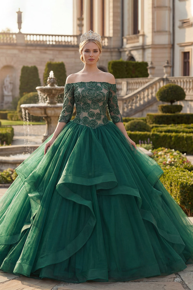 Laden Sie das Bild in den Galerie-Viewer, Dunkelgrün Prinzessin Schulterfrei Blumen Lang Quinceañera Kleid mit Rüschen