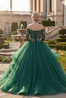 Dunkelgrün Prinzessin Schulterfrei Blumen Lang Quinceañera Kleid mit Rüschen