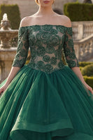 Laden Sie das Bild in den Galerie-Viewer, Dunkelgrün Prinzessin Schulterfrei Blumen Lang Quinceañera Kleid mit Rüschen