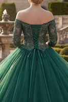 Laden Sie das Bild in den Galerie-Viewer, Dunkelgrün Prinzessin Schulterfrei Blumen Lang Quinceañera Kleid mit Rüschen