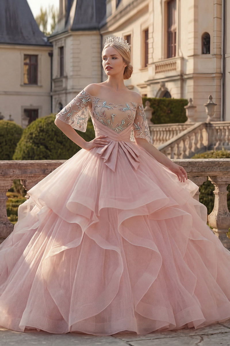 Laden Sie das Bild in den Galerie-Viewer, Prinzessin Rouge Perlenverziert Rüschen Lang Quinceañera Kleid mit Schärpe