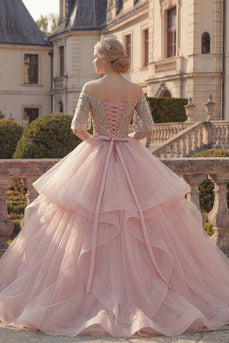 Prinzessin Rouge Perlenverziert Rüschen Lang Quinceañera Kleid mit Schärpe