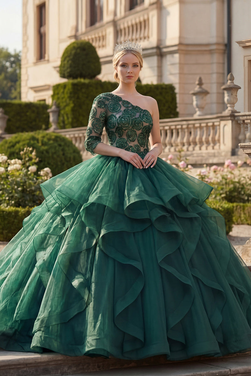 Laden Sie das Bild in den Galerie-Viewer, Ein Schulter Dunkelgrün Prinzessin Blumen Lang Quinceañera Kleid mit Rüschen