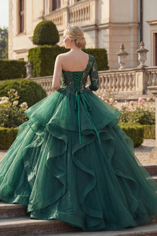 Ein Schulter Dunkelgrün Prinzessin Blumen Lang Quinceañera Kleid mit Rüschen