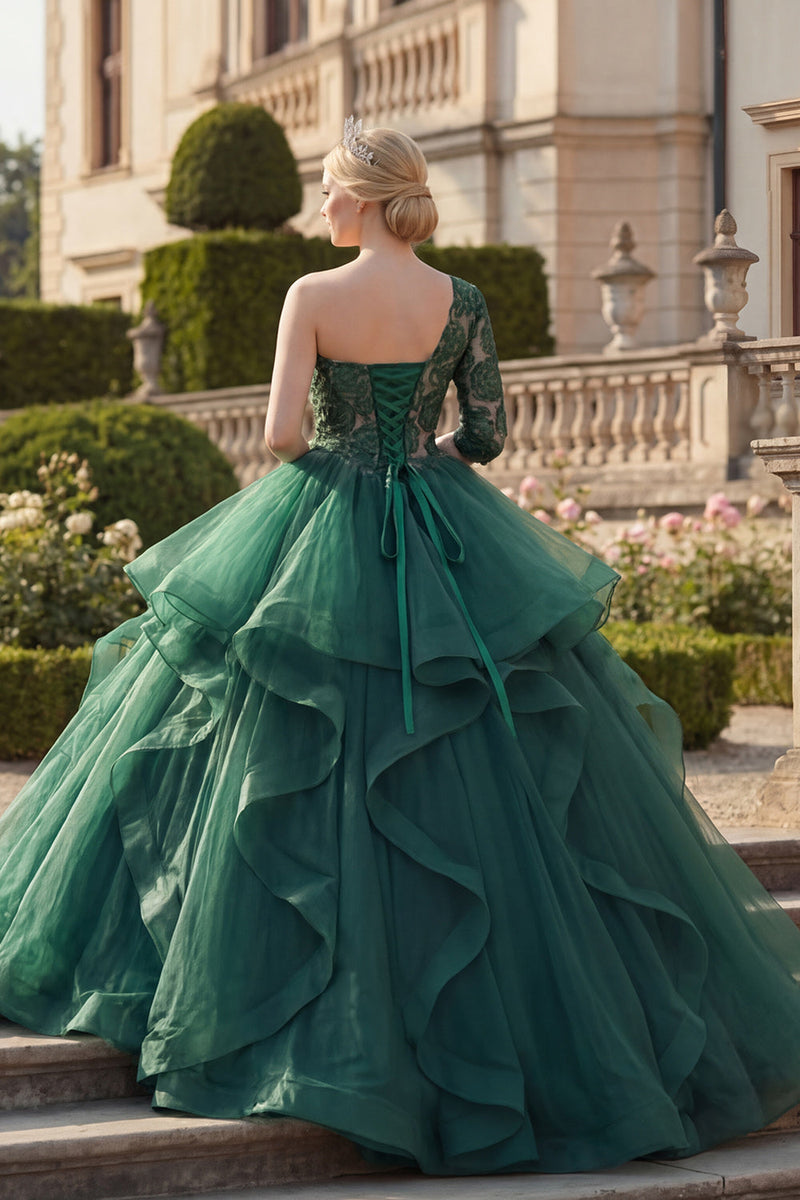 Laden Sie das Bild in den Galerie-Viewer, Ein Schulter Dunkelgrün Prinzessin Blumen Lang Quinceañera Kleid mit Rüschen
