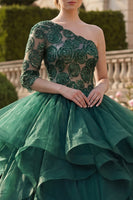 Laden Sie das Bild in den Galerie-Viewer, Ein Schulter Dunkelgrün Prinzessin Blumen Lang Quinceañera Kleid mit Rüschen