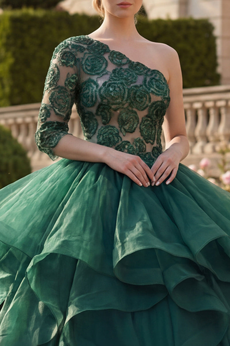 Laden Sie das Bild in den Galerie-Viewer, Ein Schulter Dunkelgrün Prinzessin Blumen Lang Quinceañera Kleid mit Rüschen