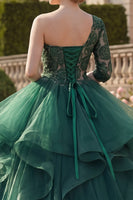 Laden Sie das Bild in den Galerie-Viewer, Ein Schulter Dunkelgrün Prinzessin Blumen Lang Quinceañera Kleid mit Rüschen
