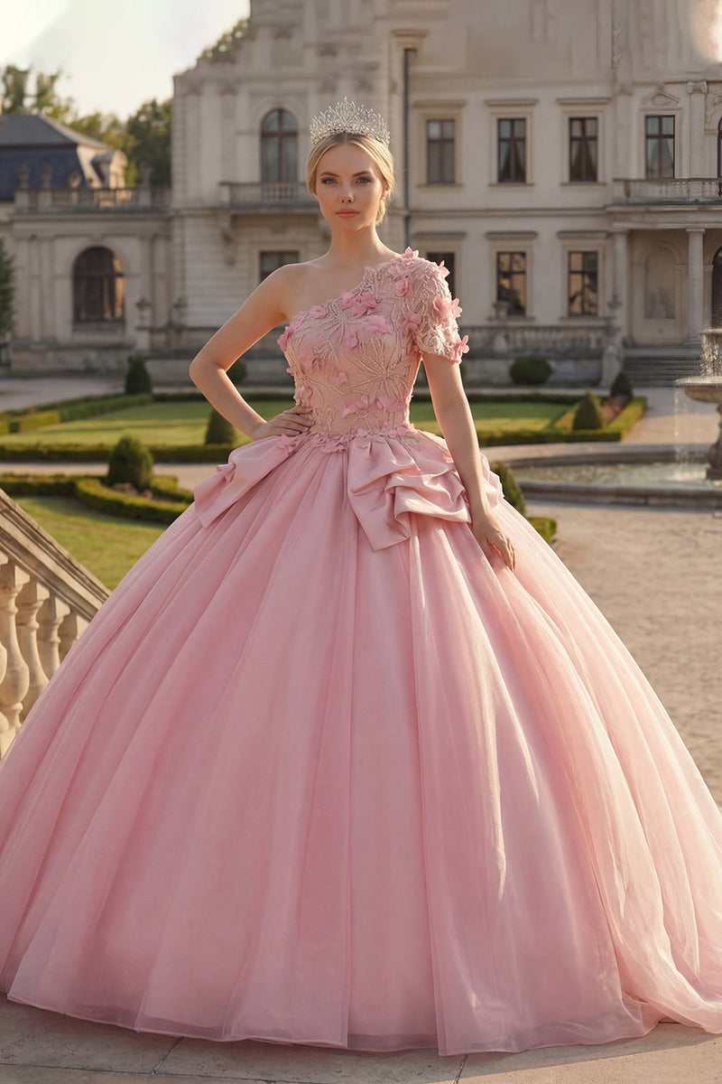 Laden Sie das Bild in den Galerie-Viewer, Rosa Blumen Ein Schulter Prinzessin Long Quinceañera Kleid mit Rüschen