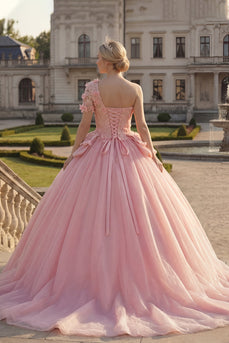 Rosa Blumen Ein Schulter Prinzessin Long Quinceañera Kleid mit Rüschen