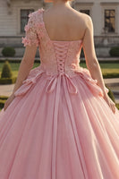 Laden Sie das Bild in den Galerie-Viewer, Rosa Blumen Ein Schulter Prinzessin Long Quinceañera Kleid mit Rüschen