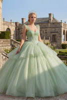 Laden Sie das Bild in den Galerie-Viewer, Mintgrün Perlenverziert Lang Korsett Glitzer Prinzessin Quinceañera Kleid mit Rüschen