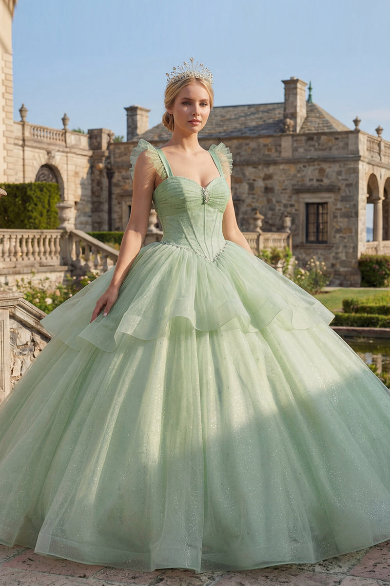 Laden Sie das Bild in den Galerie-Viewer, Mintgrün Perlenverziert Lang Korsett Glitzer Prinzessin Quinceañera Kleid mit Rüschen