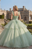 Laden Sie das Bild in den Galerie-Viewer, Mintgrün Perlenverziert Lang Korsett Glitzer Prinzessin Quinceañera Kleid mit Rüschen