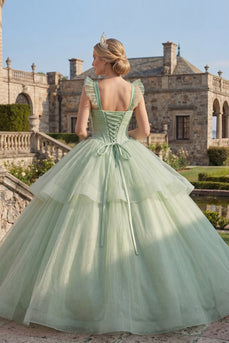 Mintgrün Perlenverziert Lang Korsett Glitzer Prinzessin Quinceañera Kleid mit Rüschen