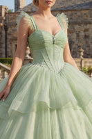 Laden Sie das Bild in den Galerie-Viewer, Mintgrün Perlenverziert Lang Korsett Glitzer Prinzessin Quinceañera Kleid mit Rüschen