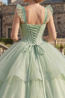Laden Sie das Bild in den Galerie-Viewer, Mintgrün Perlenverziert Lang Korsett Glitzer Prinzessin Quinceañera Kleid mit Rüschen