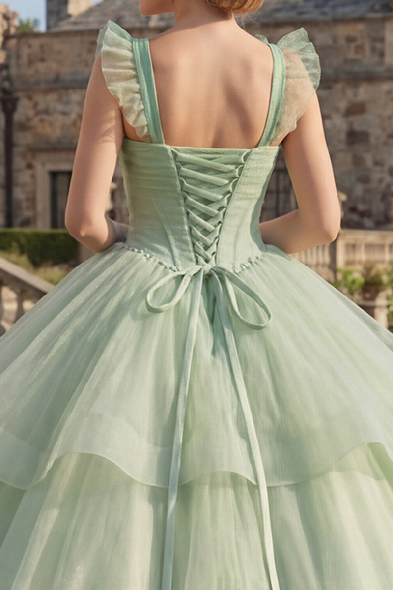 Laden Sie das Bild in den Galerie-Viewer, Mintgrün Perlenverziert Lang Korsett Glitzer Prinzessin Quinceañera Kleid mit Rüschen