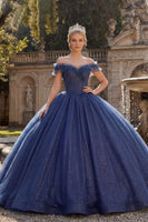 Laden Sie das Bild in den Galerie-Viewer, Glitzer Schulterfrei Prinzessin Lang Marine Quinceañera Kleid mit Rüschen