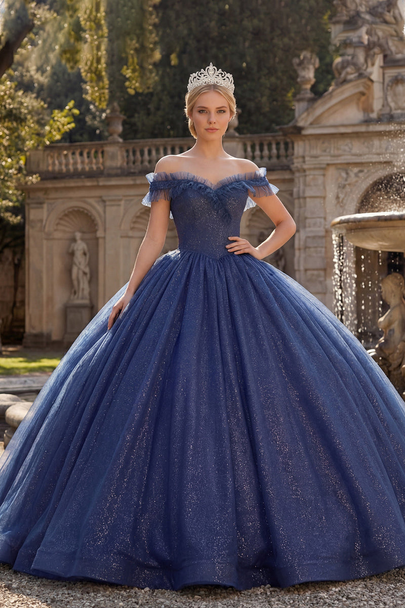 Laden Sie das Bild in den Galerie-Viewer, Glitzer Schulterfrei Prinzessin Lang Marine Quinceañera Kleid mit Rüschen
