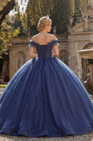 Laden Sie das Bild in den Galerie-Viewer, Glitzer Schulterfrei Prinzessin Lang Marine Quinceañera Kleid mit Rüschen