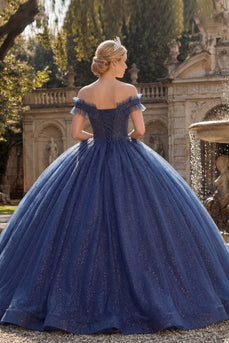 Glitzer Schulterfrei Prinzessin Lang Marine Quinceañera Kleid mit Rüschen