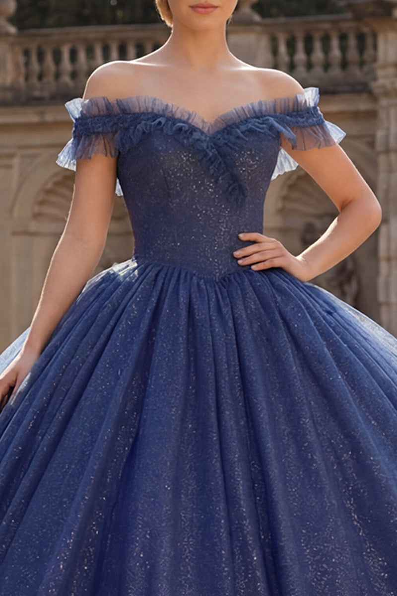 Laden Sie das Bild in den Galerie-Viewer, Glitzer Schulterfrei Prinzessin Lang Marine Quinceañera Kleid mit Rüschen