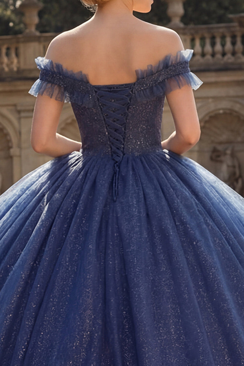 Laden Sie das Bild in den Galerie-Viewer, Glitzer Schulterfrei Prinzessin Lang Marine Quinceañera Kleid mit Rüschen