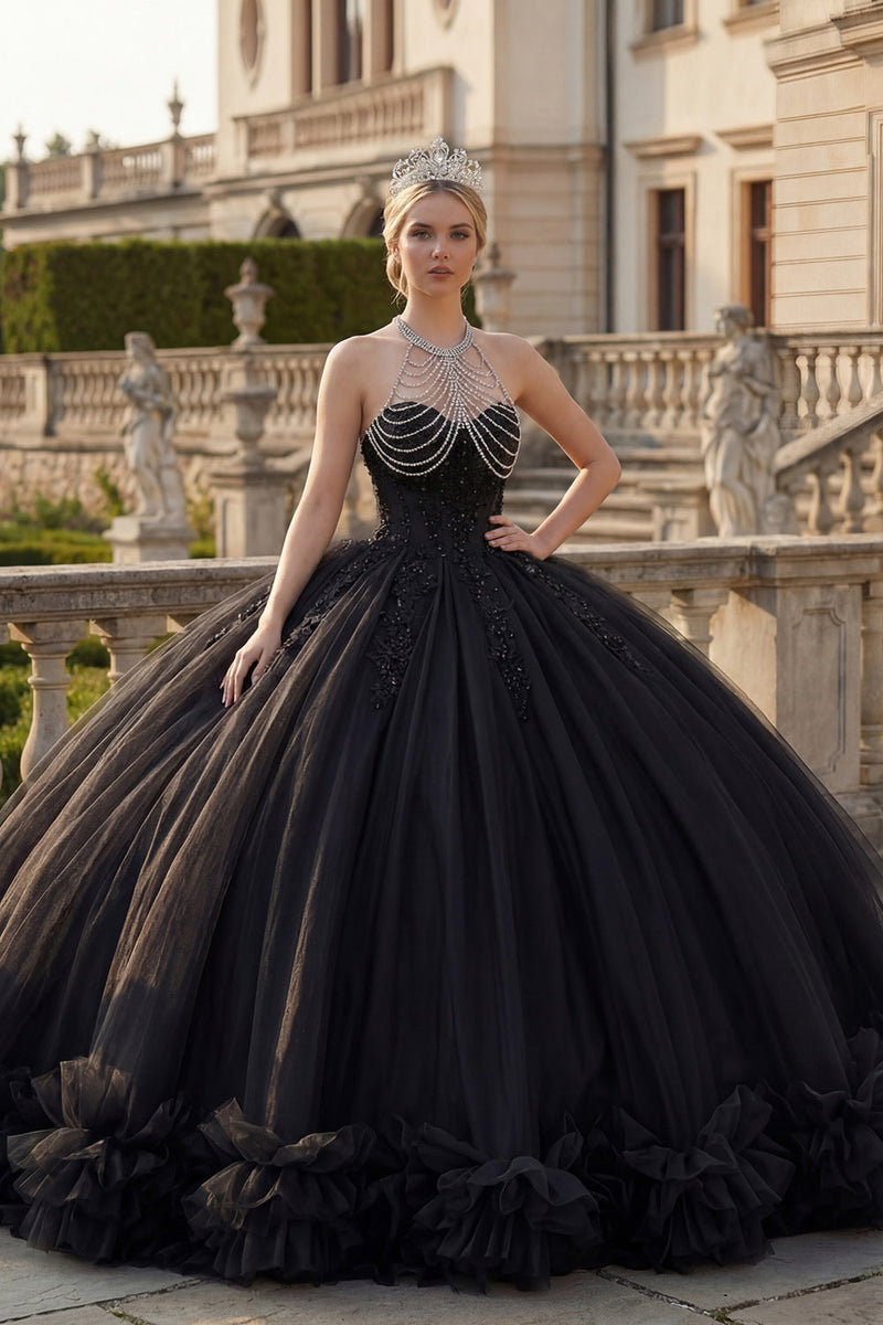 Laden Sie das Bild in den Galerie-Viewer, Holder Rückenfrei Prinzessin Glitzerndes Schwarz Lang Quinceañera Kleid mit Perlenstickerei