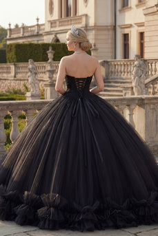 Holder Rückenfrei Prinzessin Glitzerndes Schwarz Lang Quinceañera Kleid mit Perlenstickerei