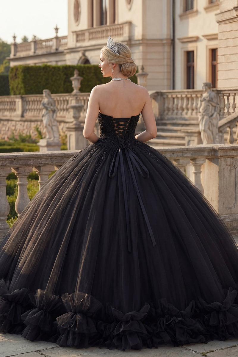 Laden Sie das Bild in den Galerie-Viewer, Holder Rückenfrei Prinzessin Glitzerndes Schwarz Lang Quinceañera Kleid mit Perlenstickerei