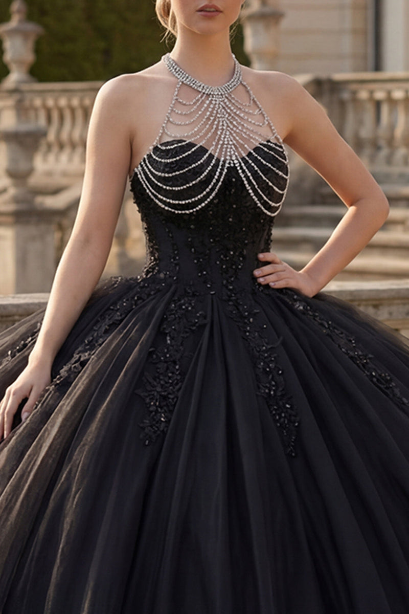Laden Sie das Bild in den Galerie-Viewer, Holder Rückenfrei Prinzessin Glitzerndes Schwarz Lang Quinceañera Kleid mit Perlenstickerei